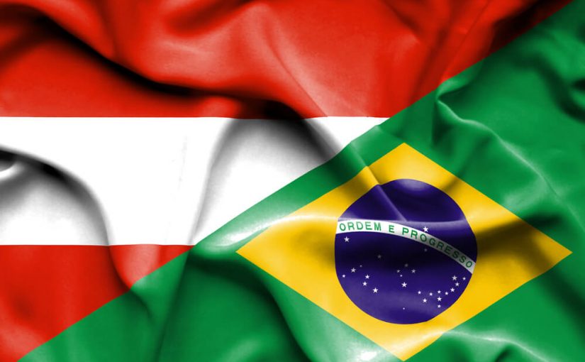 Brasiliansk og østrigsk flag blafrer i vinden